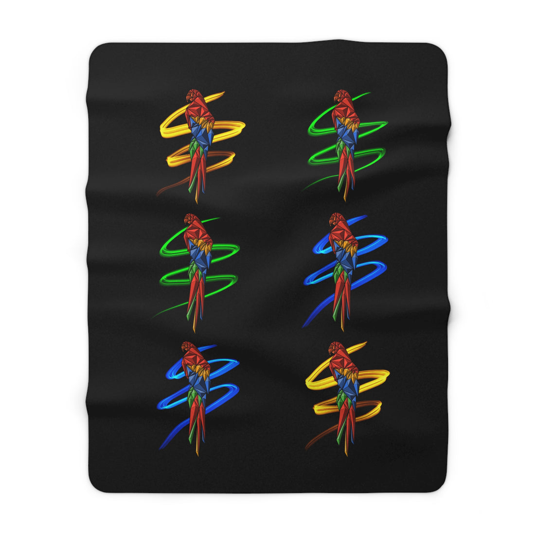 Black sherpa fleece blanket featuring six multicolor parrot spiral design motifs