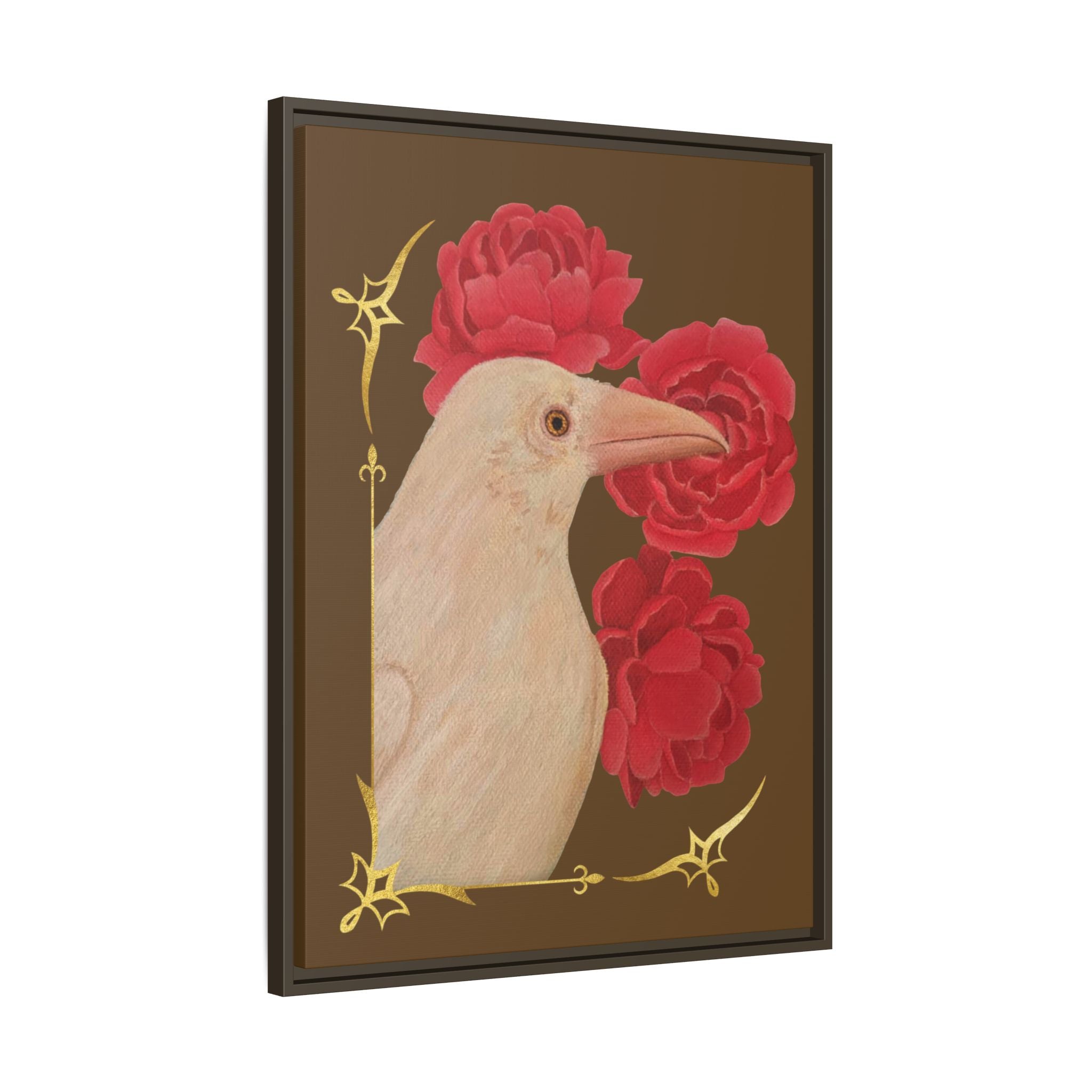 Framed matte canvas wall art with white bird and red peonies, espresso brown frame