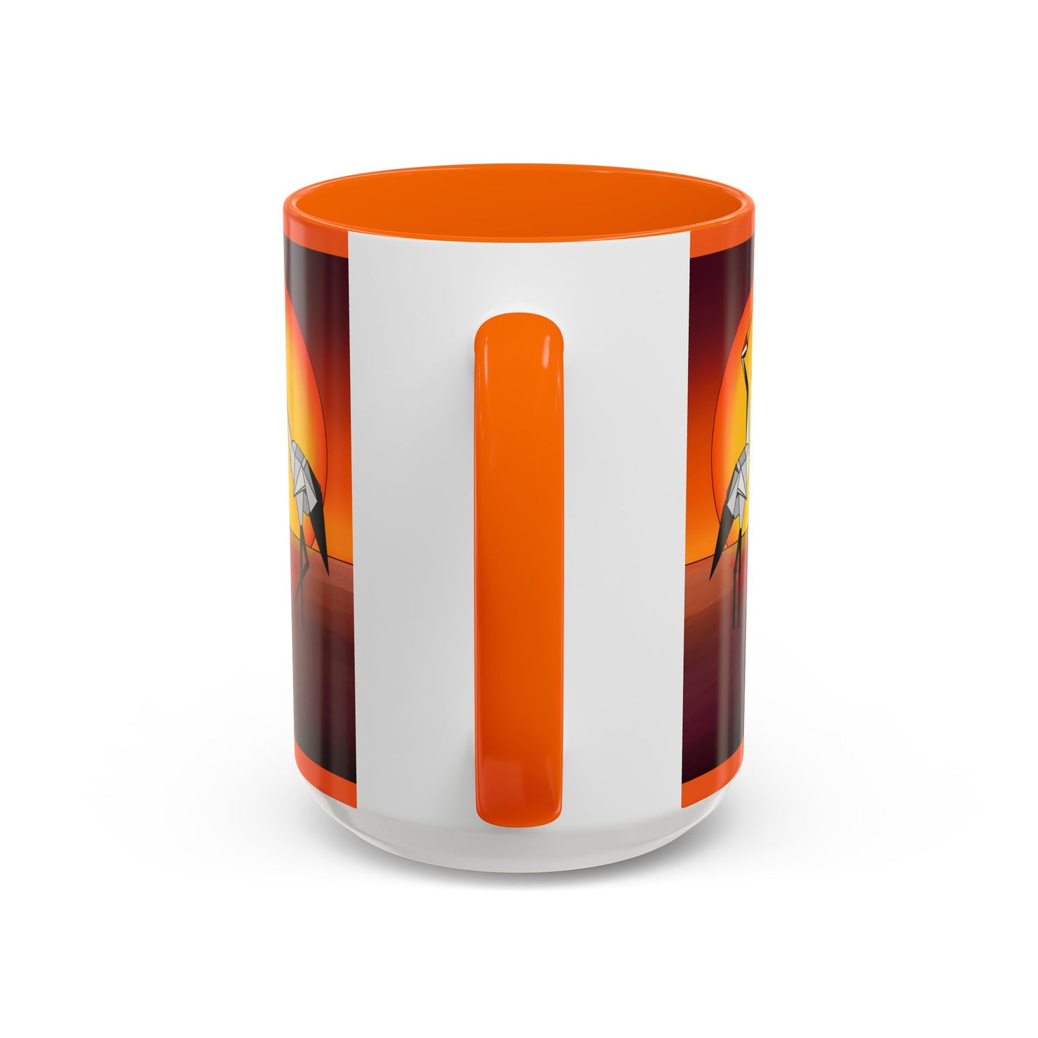 Coffee mug back panel with vertical orange handle area; orange rim and dark accents.