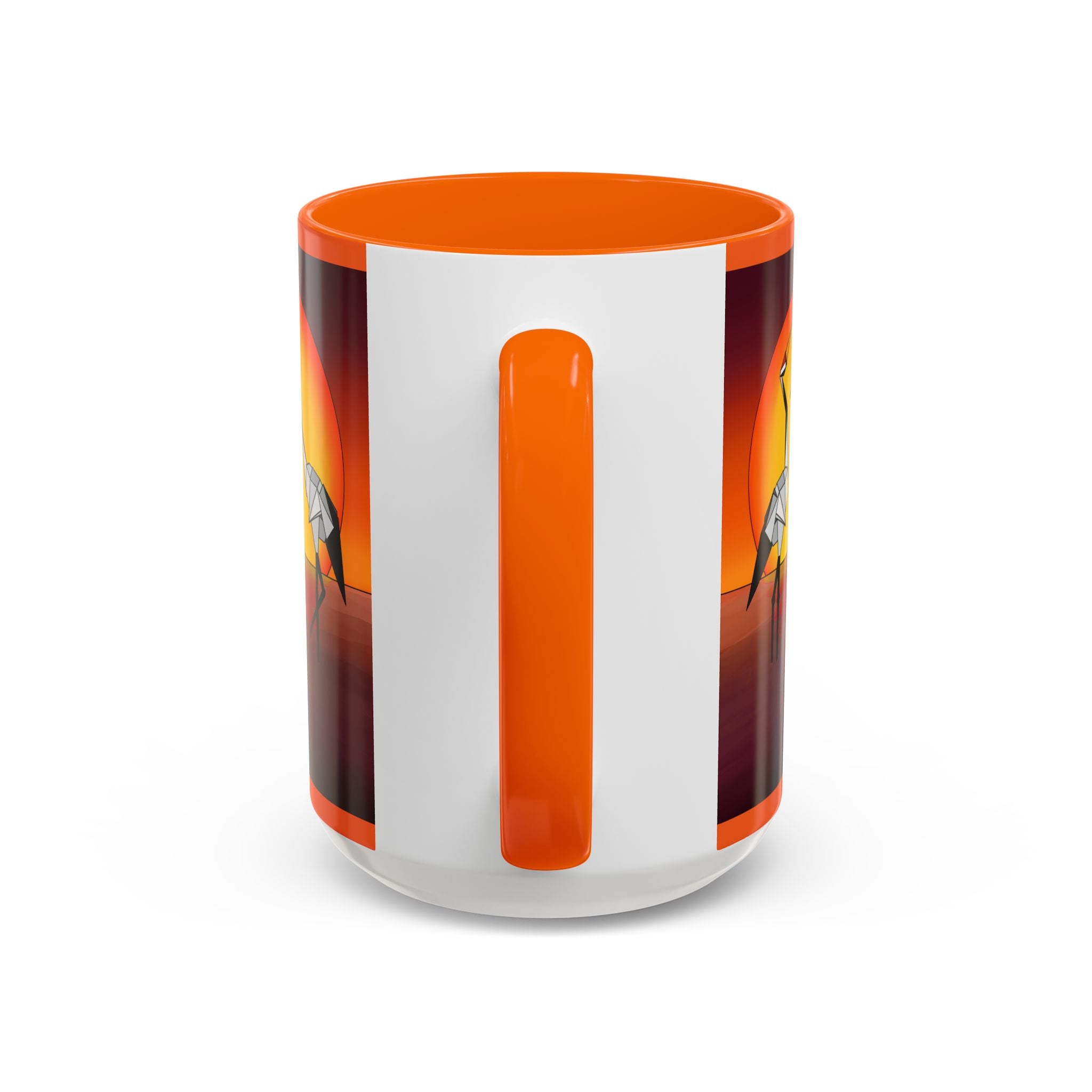 Coffee mug back panel with vertical orange handle area; orange rim and dark accents.