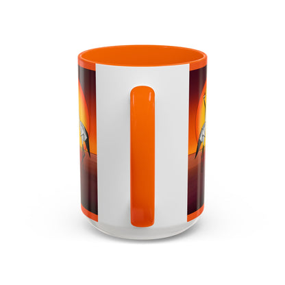 Coffee mug back panel with vertical orange handle area; orange rim and dark accents.
