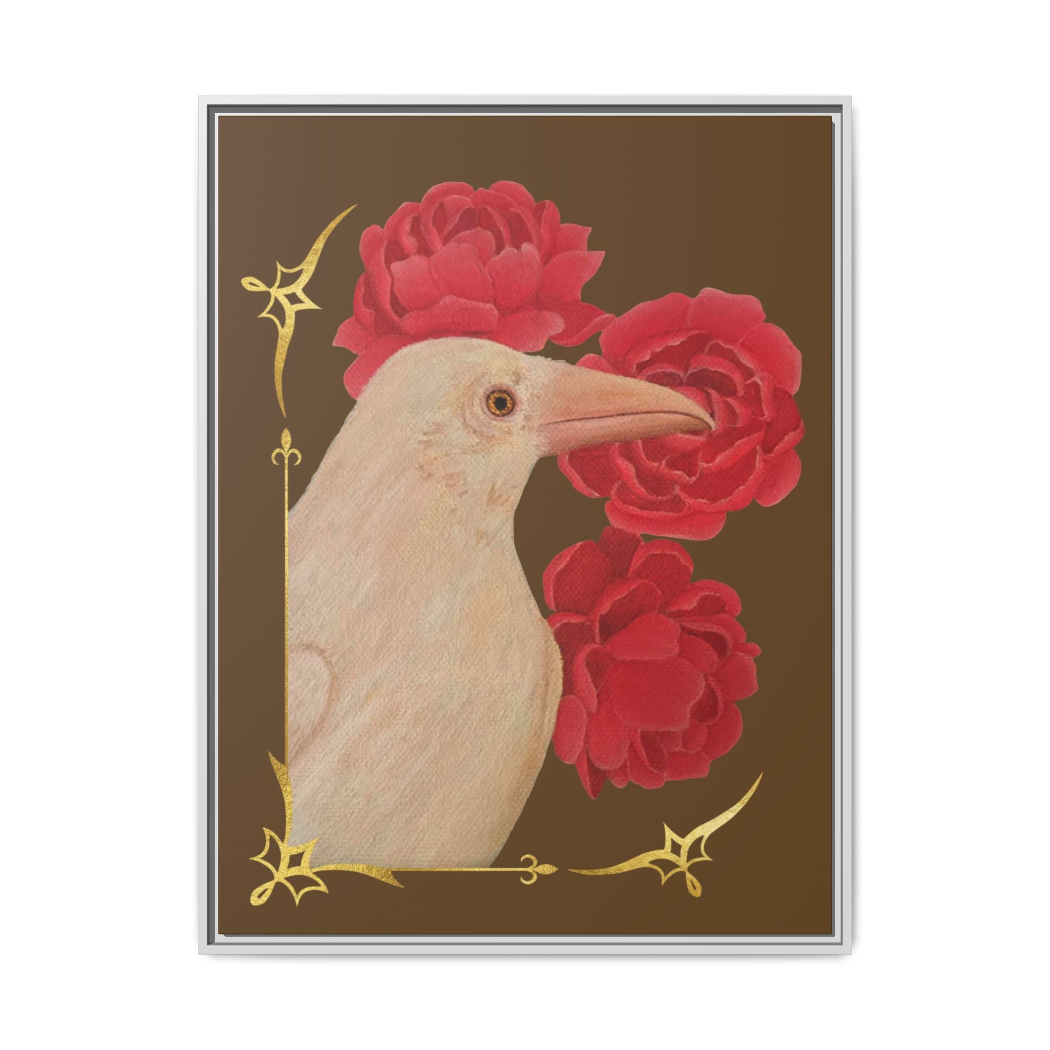 Light gray framed canvas art print of a white raven with red peonies on brown.