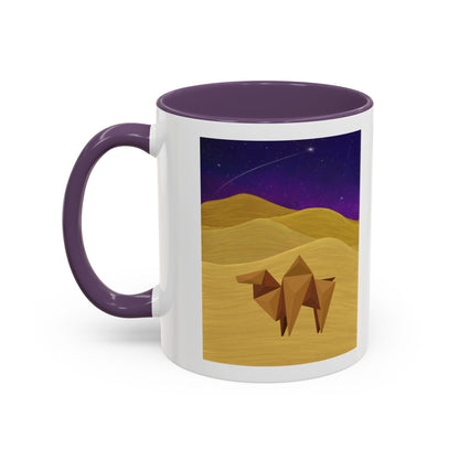White coffee mug with purple handle and rim; camel and desert night sky scene