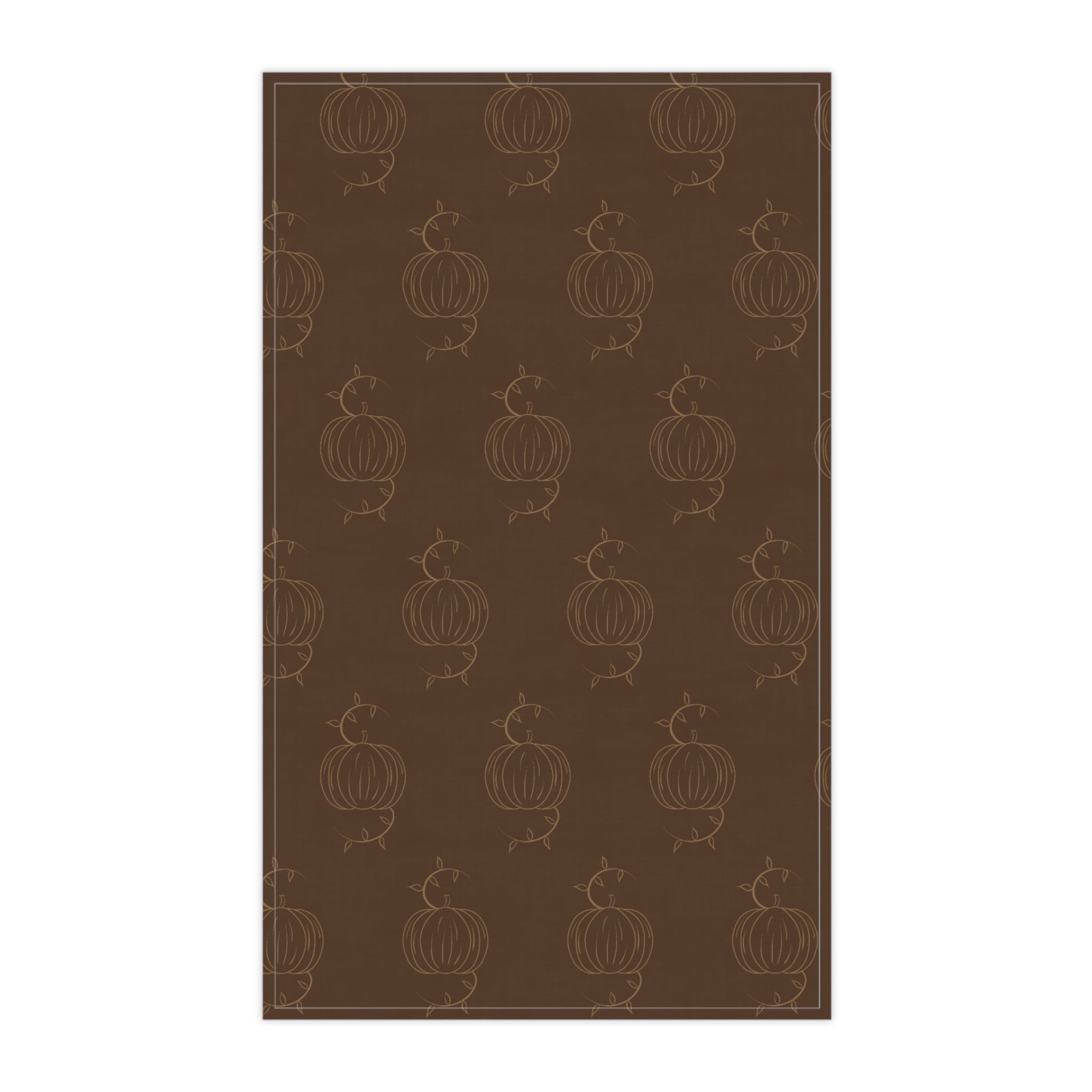 Brown tea towel with repeating pumpkin line pattern, centered front view