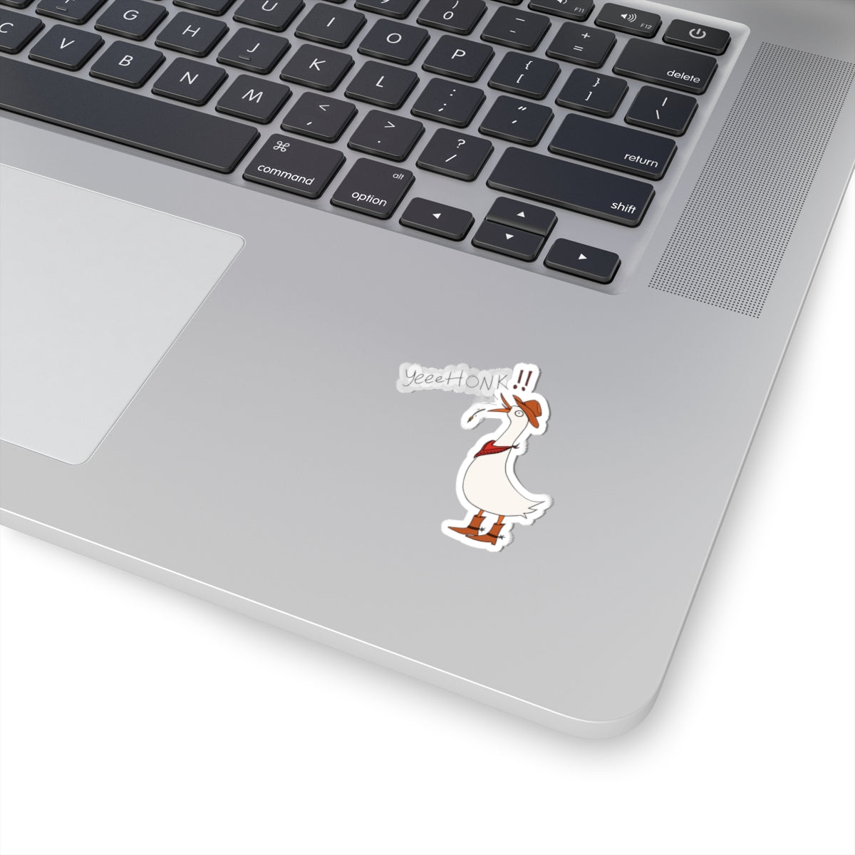 YeeeHonk cowboy goose kiss-cut sticker, cartoon goose in cowboy outfit on white backing