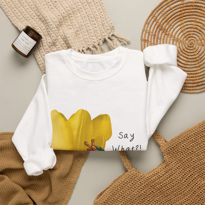 White crewneck sweatshirt with yellow frog tulip graphic and &