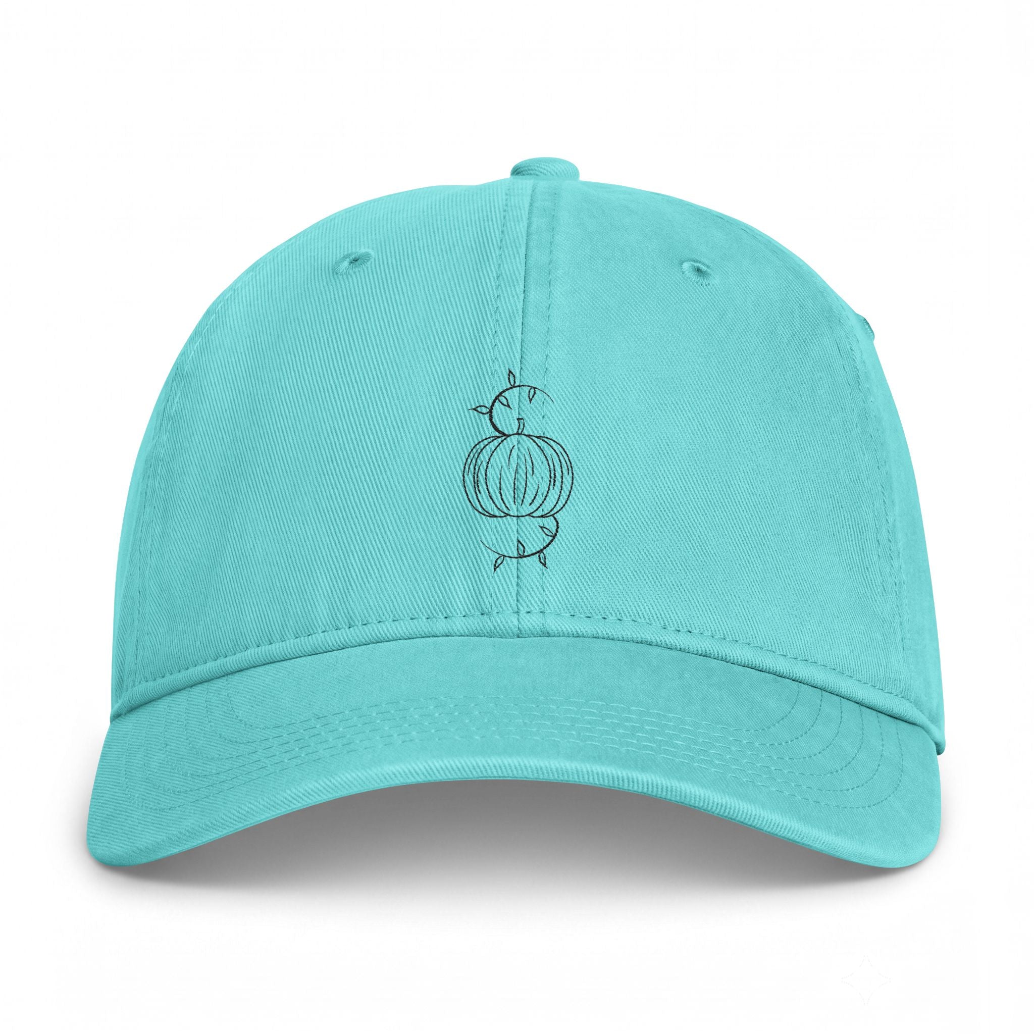 Turquoise washed baseball cap with embroidered pumpkin graphic and eyelets