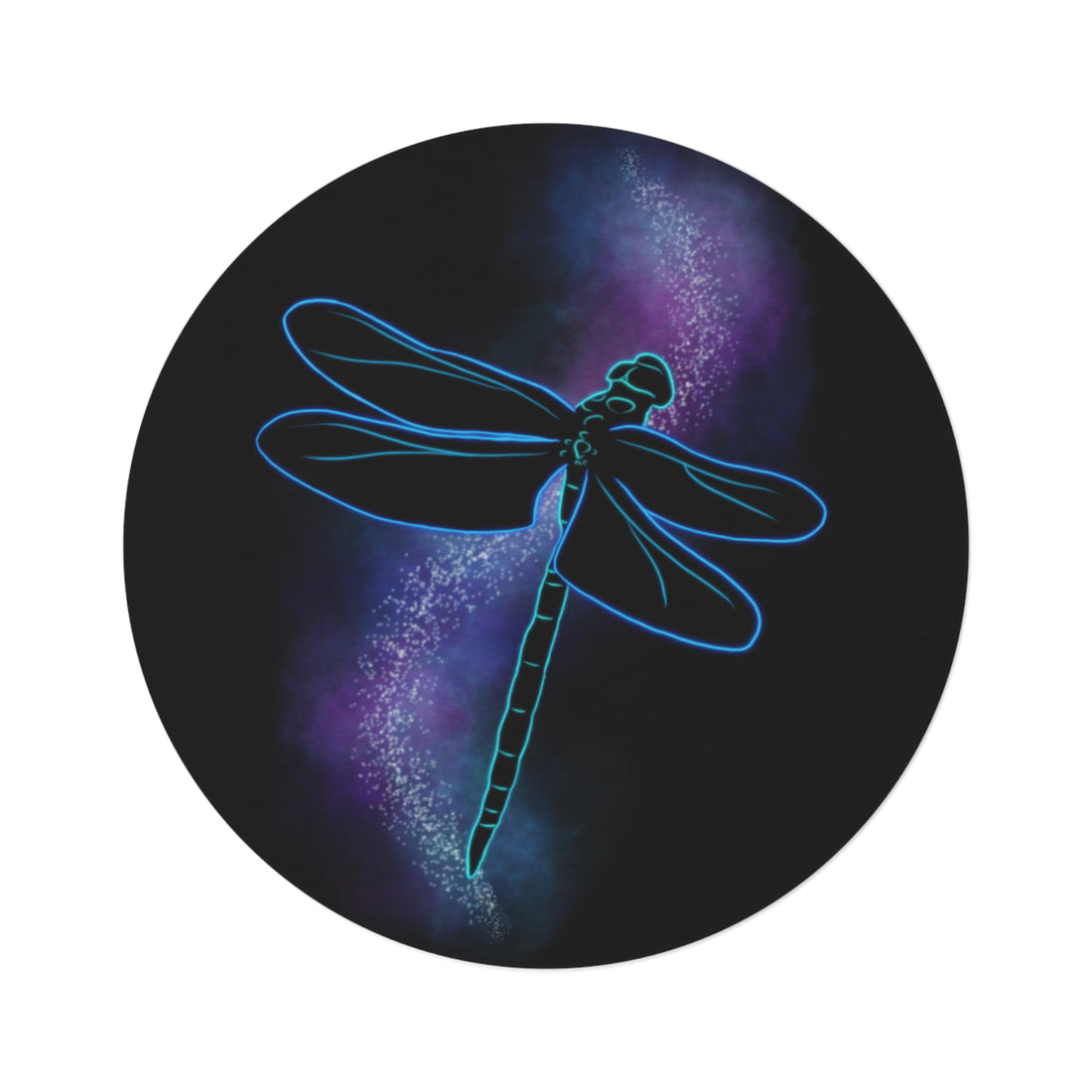 Round rug with neon blue dragonfly on dark galaxy print, purple highlights