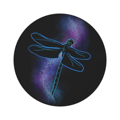 Round rug with neon blue dragonfly on dark galaxy print, purple highlights