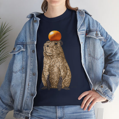 Unisex heavy cotton T-shirt, navy blue, capybara graphic with orange on chest