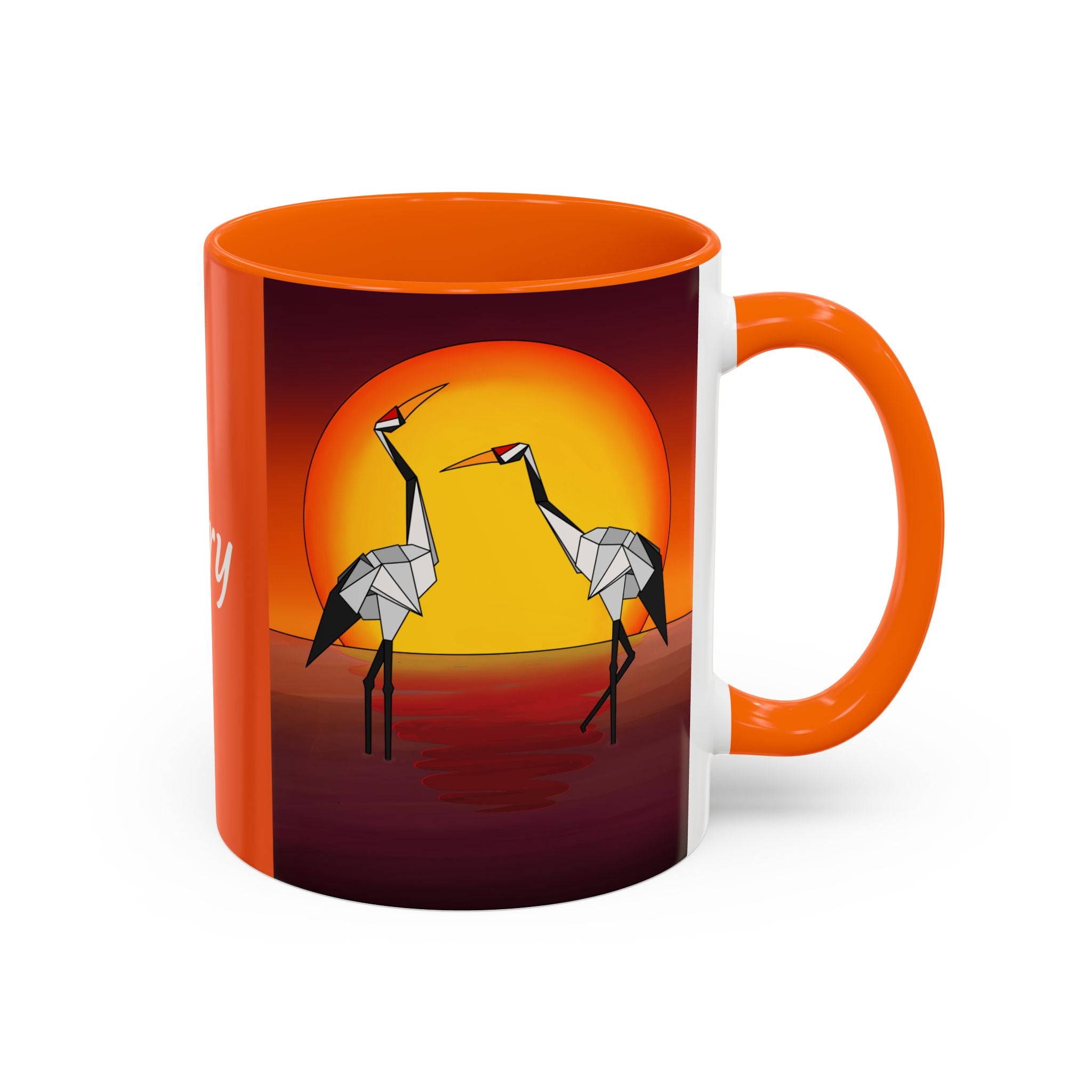 Orange coffee mug with origami crane scene and yellow sun, with right-side handle