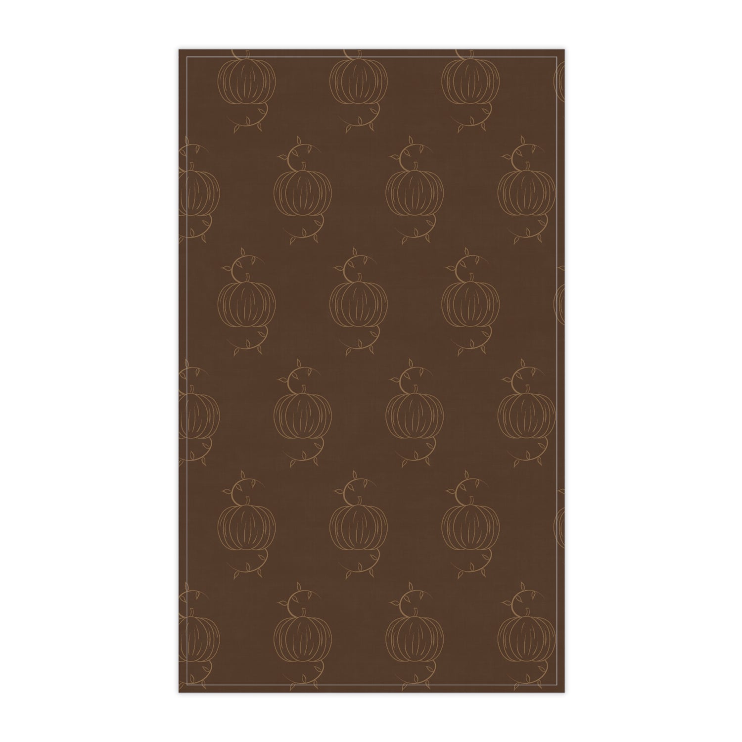 Brown tea towel with repeating pumpkin line pattern, front view rectangle