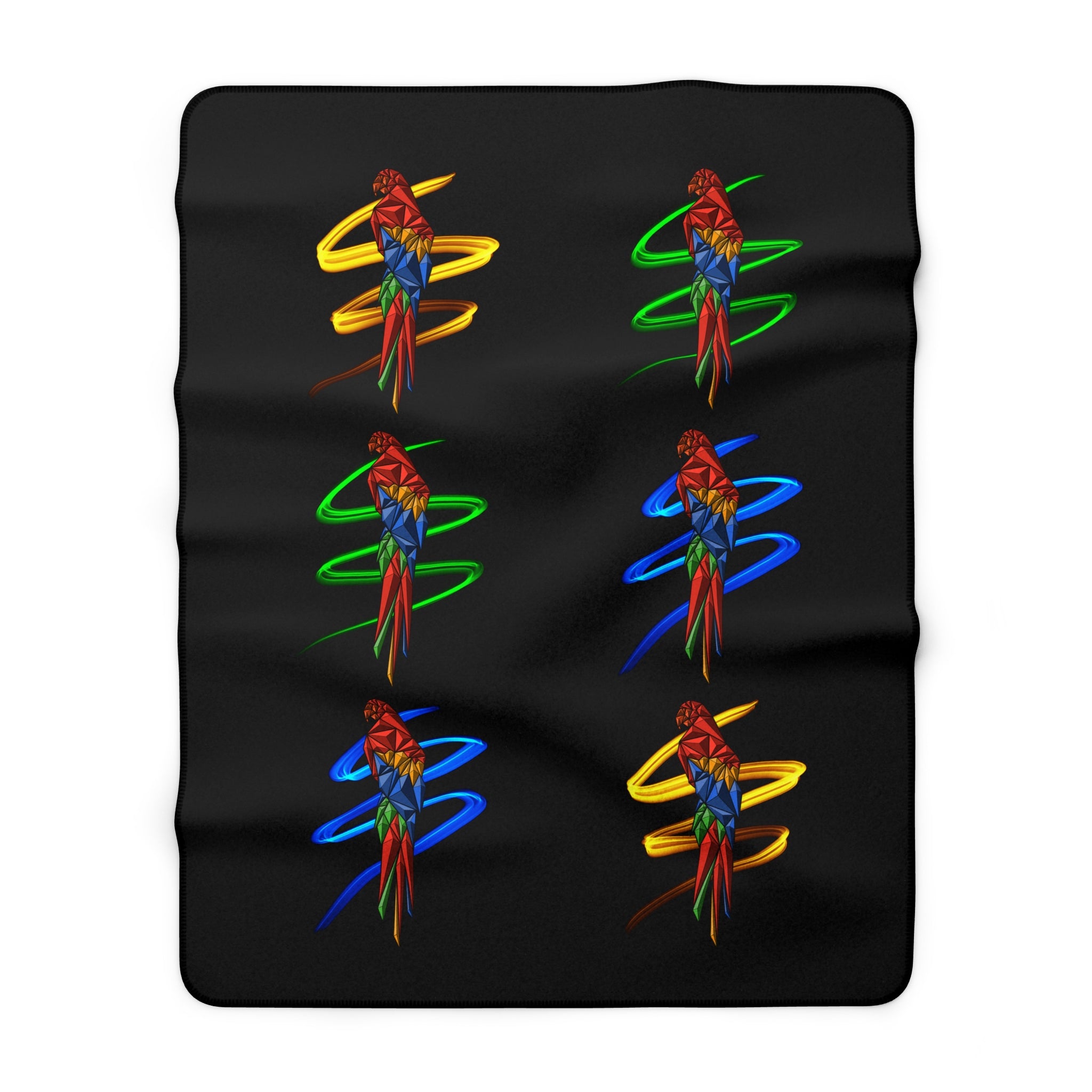 Black sherpa fleece blanket with neon-style parrot spiral motifs in six spots