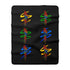 Black sherpa fleece blanket with neon-style parrot spiral motifs in six spots