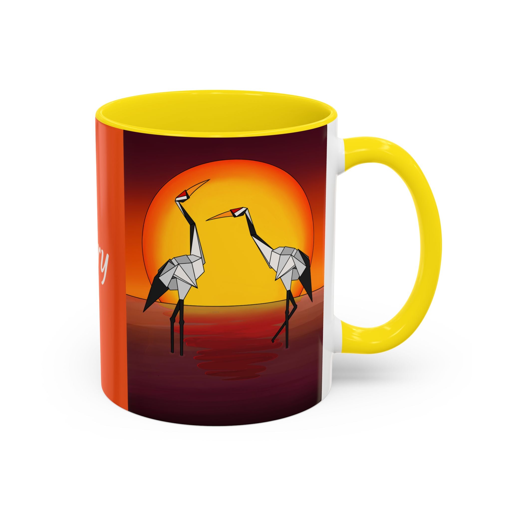 Yellow coffee mug with origami crane scene under a yellow sun circle, with right handle