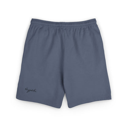 Dark blue sweat shorts with elastic waistband and Hypeedi script on left hem