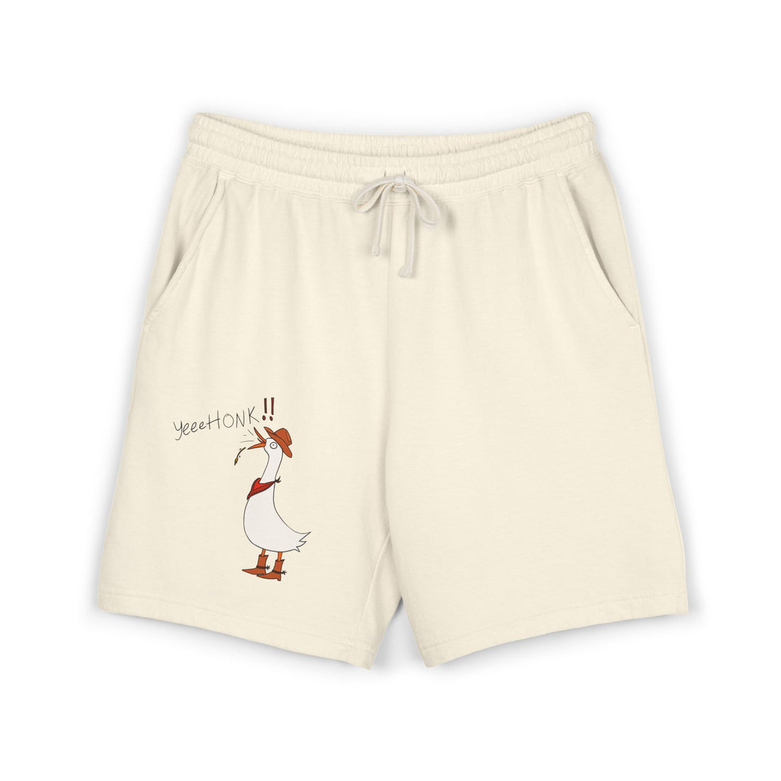Ivory graphic sweat shorts with drawstring waistband and cartoon goose print on leg