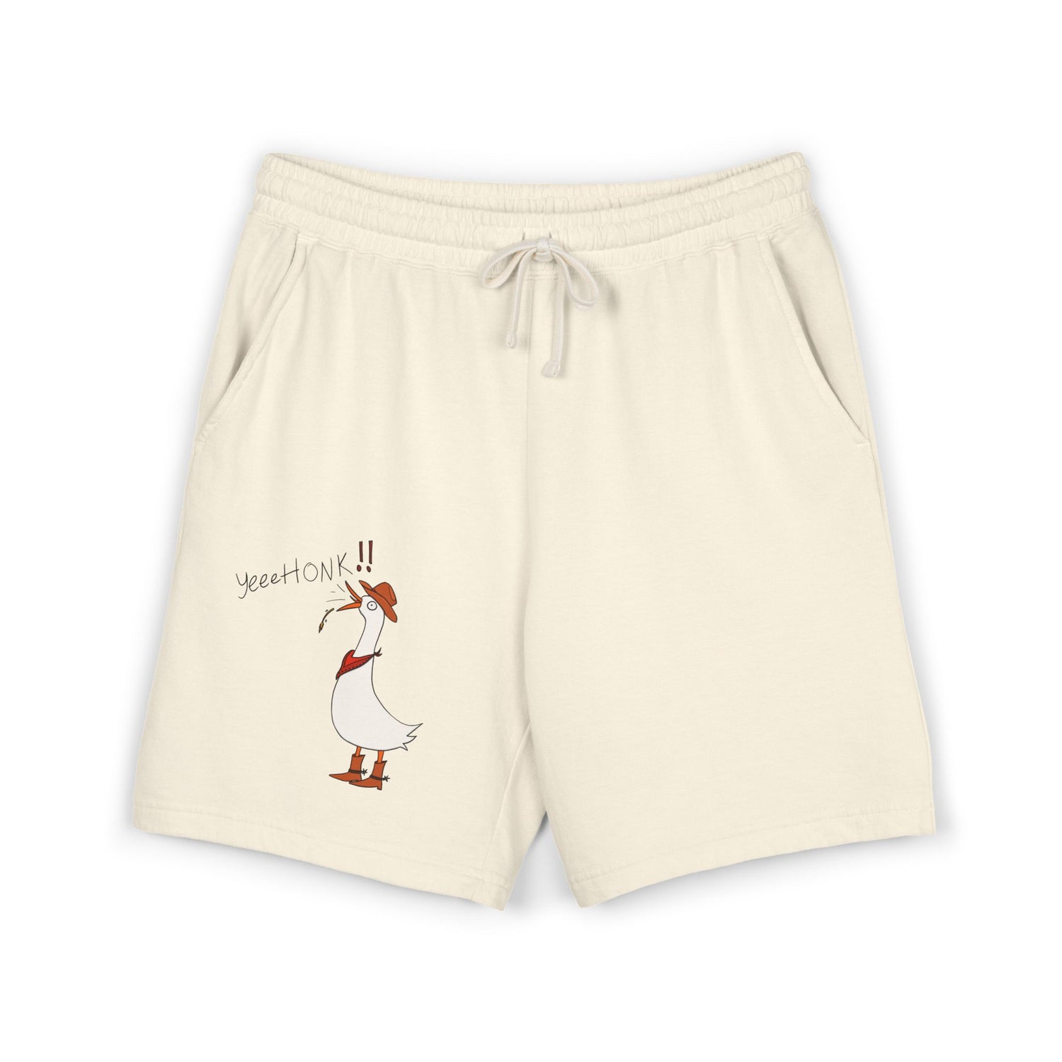 Ivory graphic sweat shorts with drawstring waistband and cartoon goose print on leg