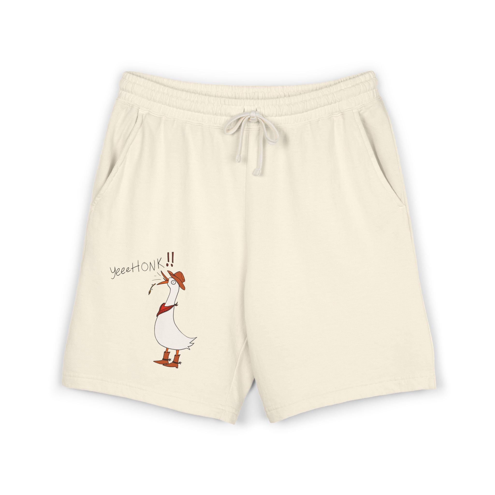 Ivory graphic sweat shorts with drawstring waistband and cartoon goose print on leg
