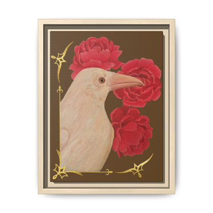 Framed art print with white raven and red peonies, light wood frame, gold accents