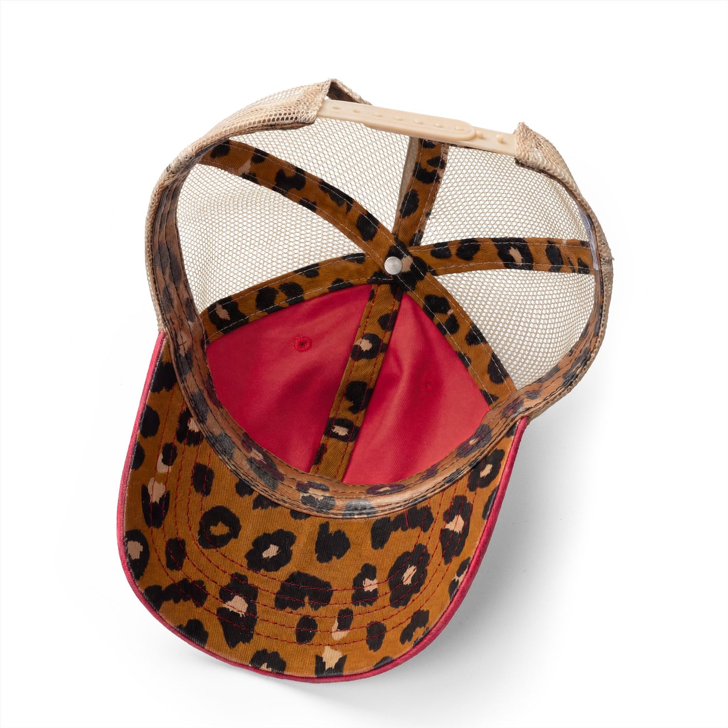 Washed mesh-back cap with leopard print front panel and pink brim lining
