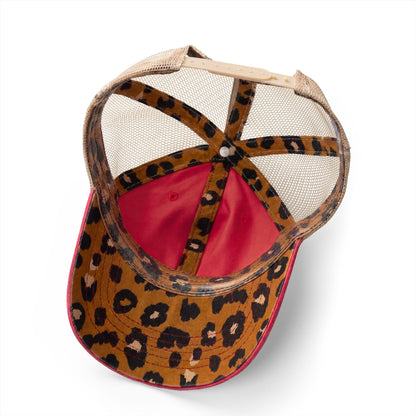 Washed mesh-back cap with leopard print front panel and pink brim lining