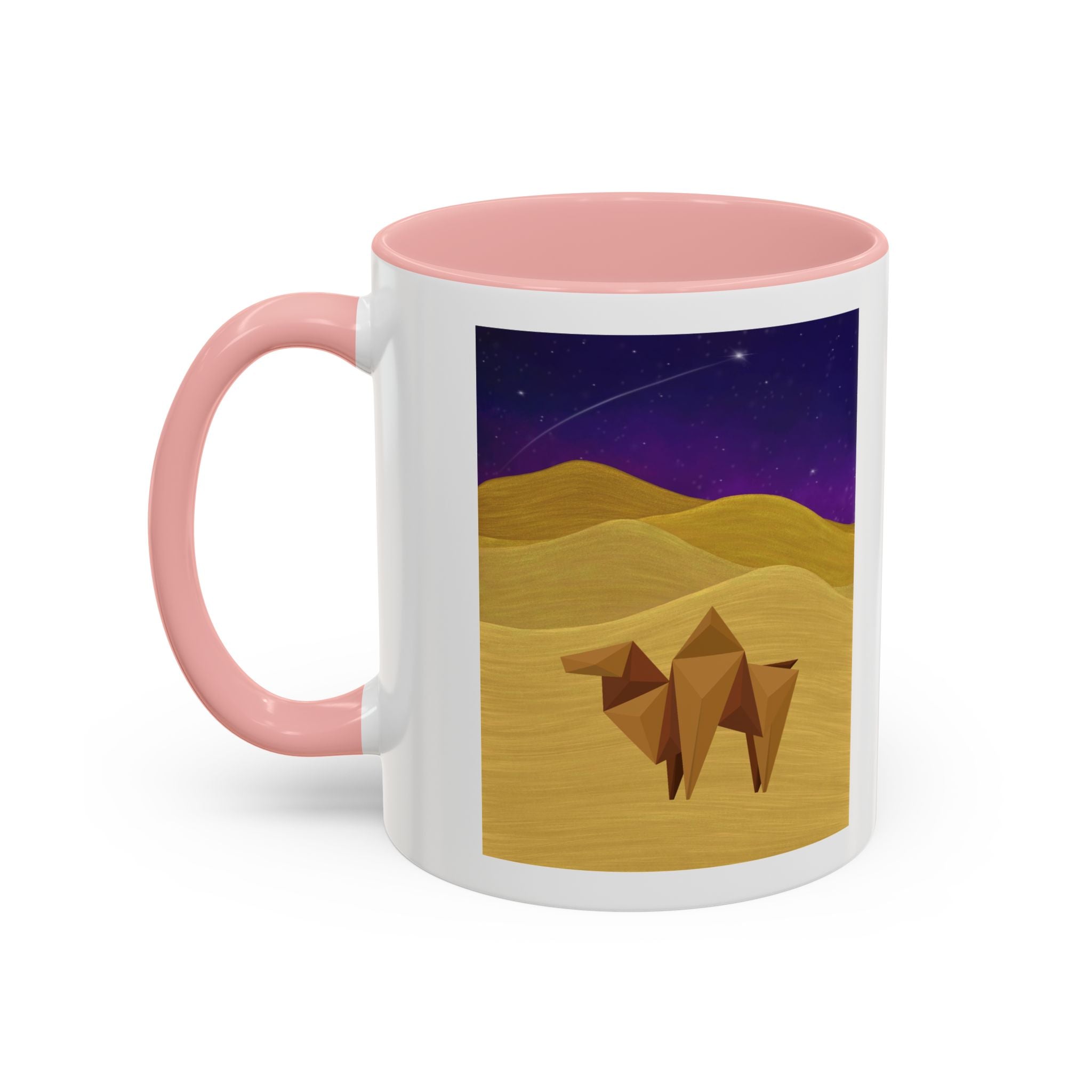 White coffee mug with pink rim and handle, desert-night camel graphic with desert dunes