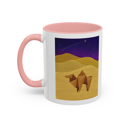 White coffee mug with pink rim and handle, desert-night camel graphic with desert dunes