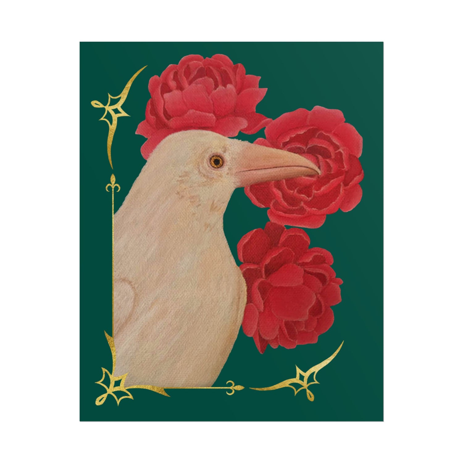 Ivory raven head with red peonies, gold vine accents poster on teal background