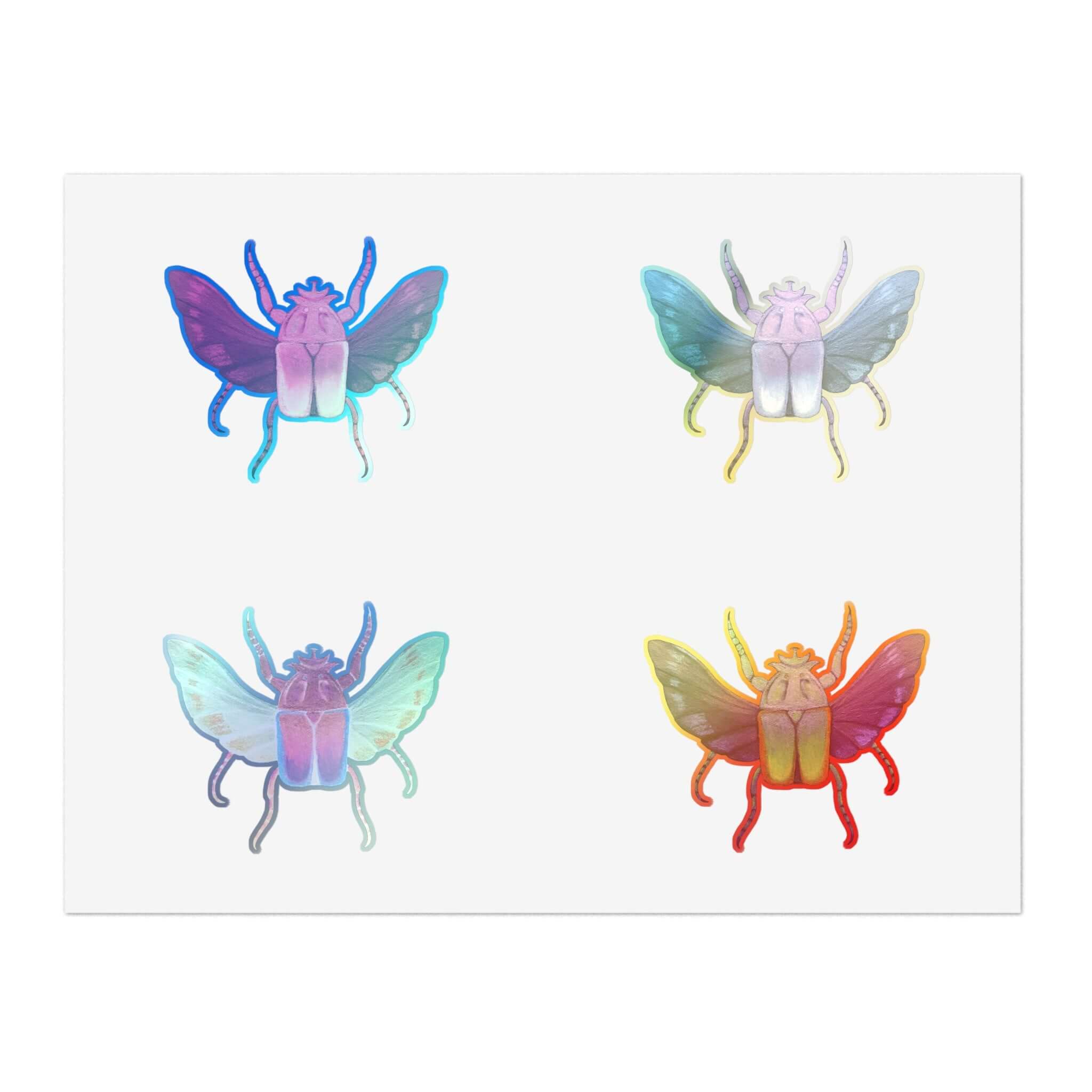 Die-cut insect sticker sheet with four light-colored winged beetles in blue, purple, and gold.