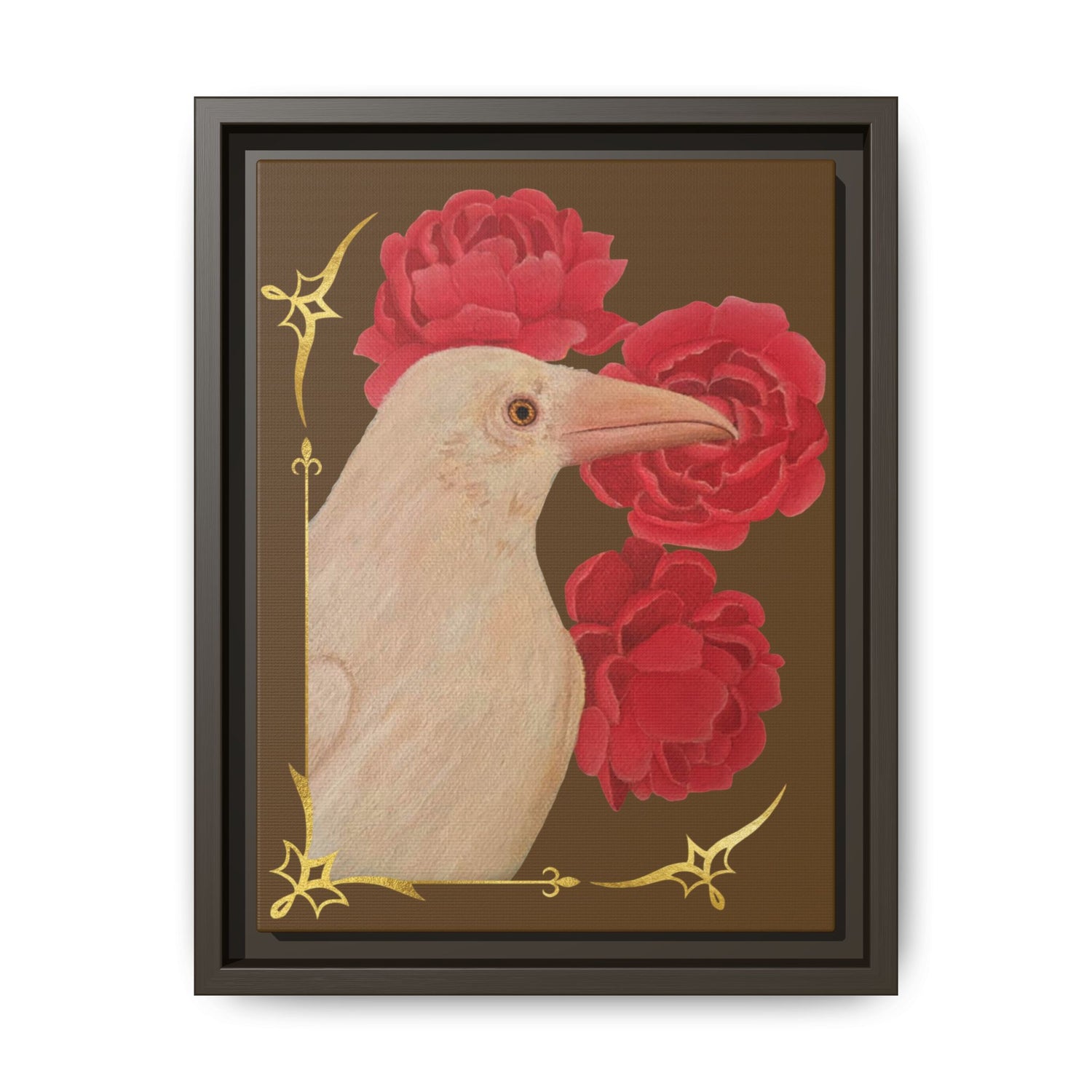 Framed art print with white raven beside red peonies, black frame