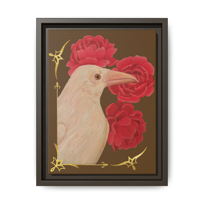 Framed art print with white raven beside red peonies, black frame