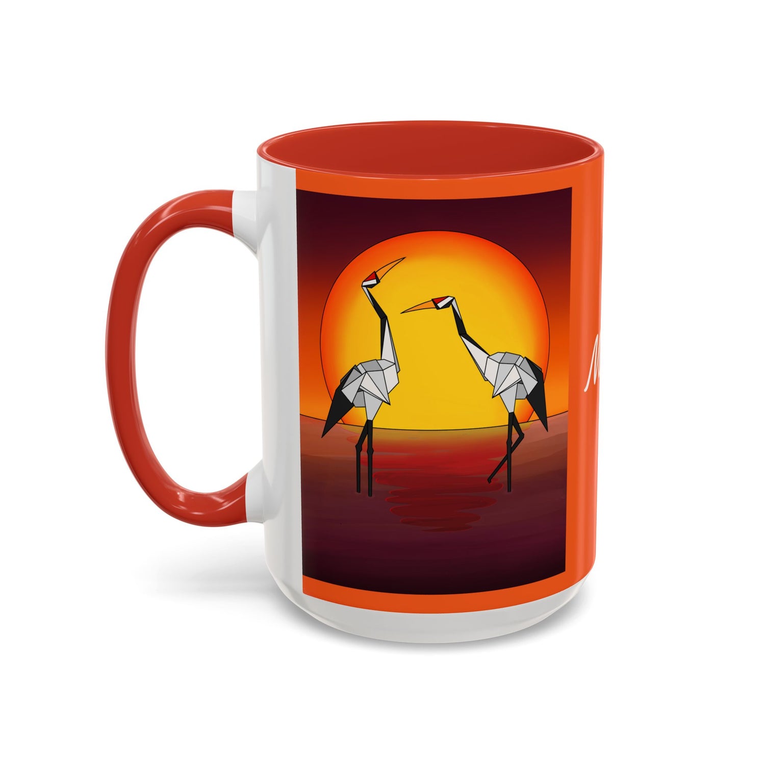 Red-orange coffee mug with origami crane sunset print and red handle, side view.