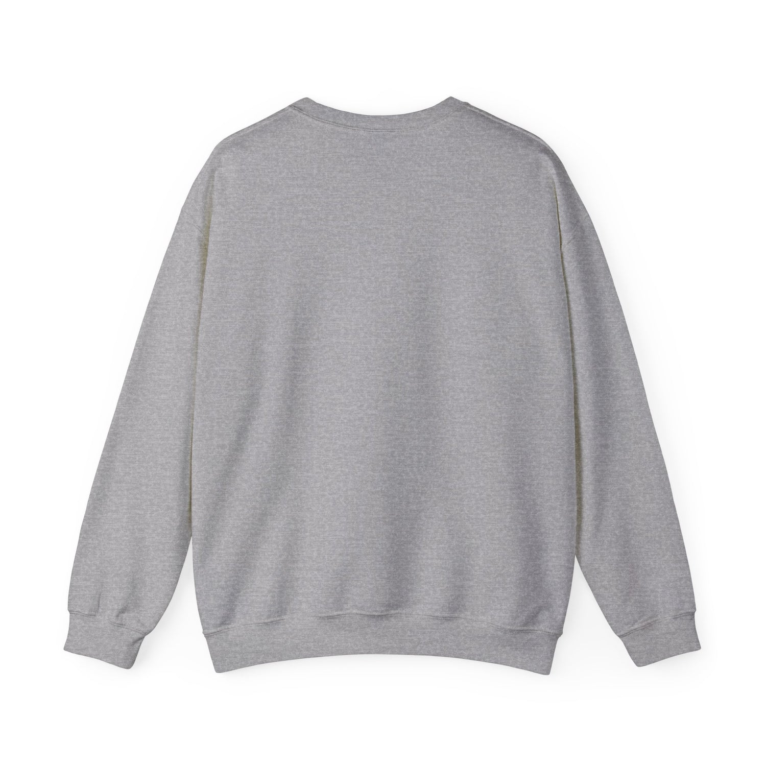 Heather gray crewneck sweatshirt with ribbed cuffs and hem, back view.