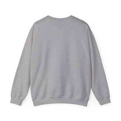 Heather gray crewneck sweatshirt with ribbed cuffs and hem, back view.