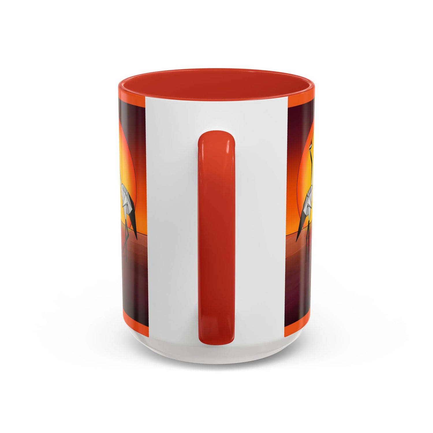 Coffee mug back panel with vertical red handle area; red rim and orange accents.