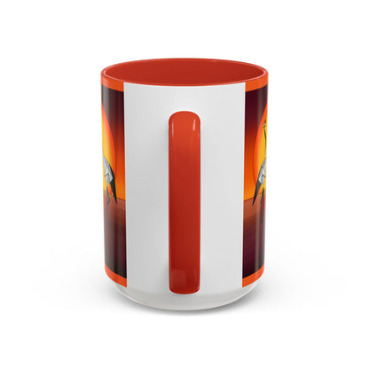 Coffee mug back panel with vertical red handle area; red rim and orange accents.