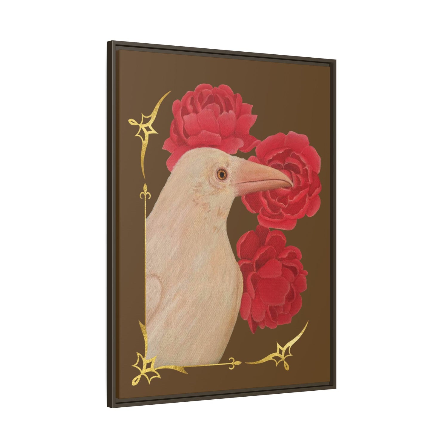 White framed matte canvas print featuring a white bird with red peonies.