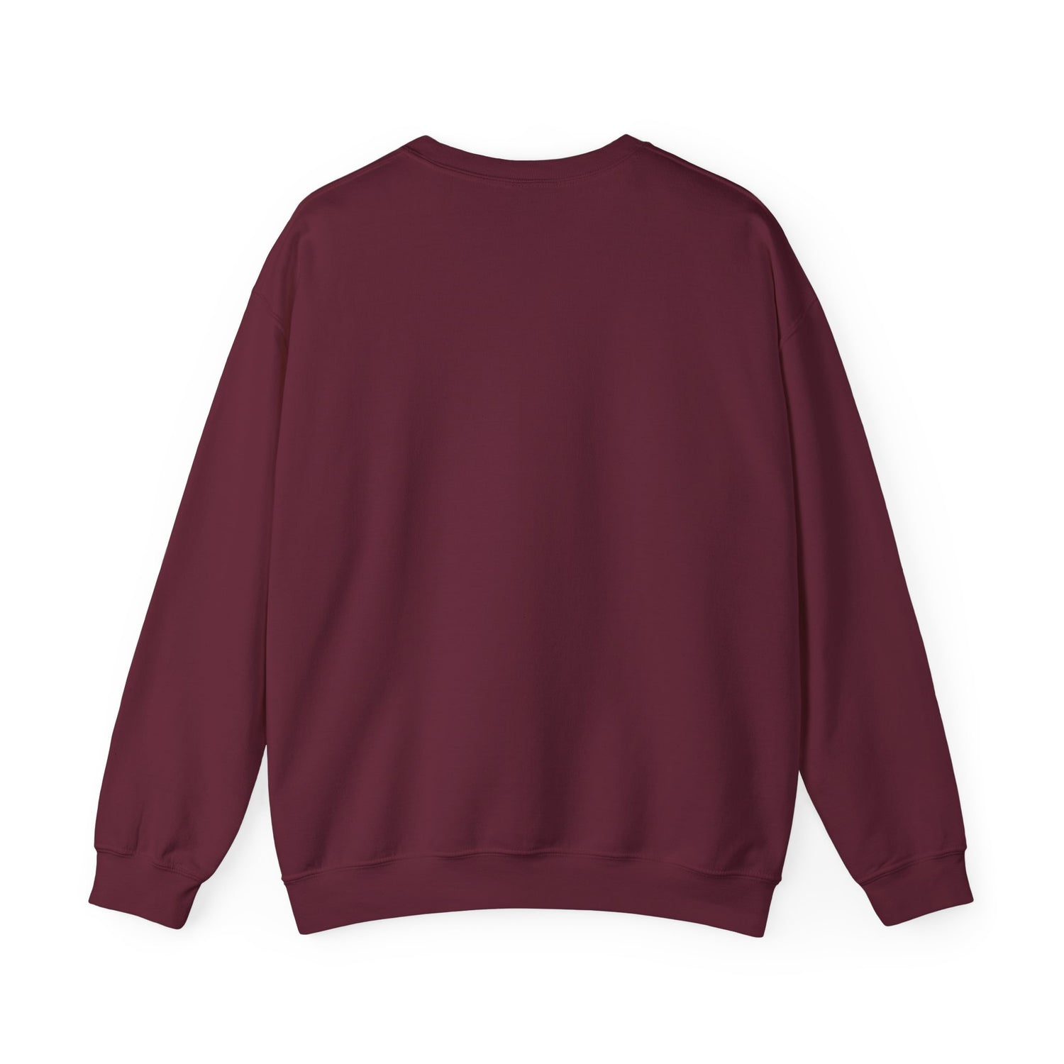 Maroon crewneck sweatshirt, back view with long sleeves and ribbed hem and cuffs