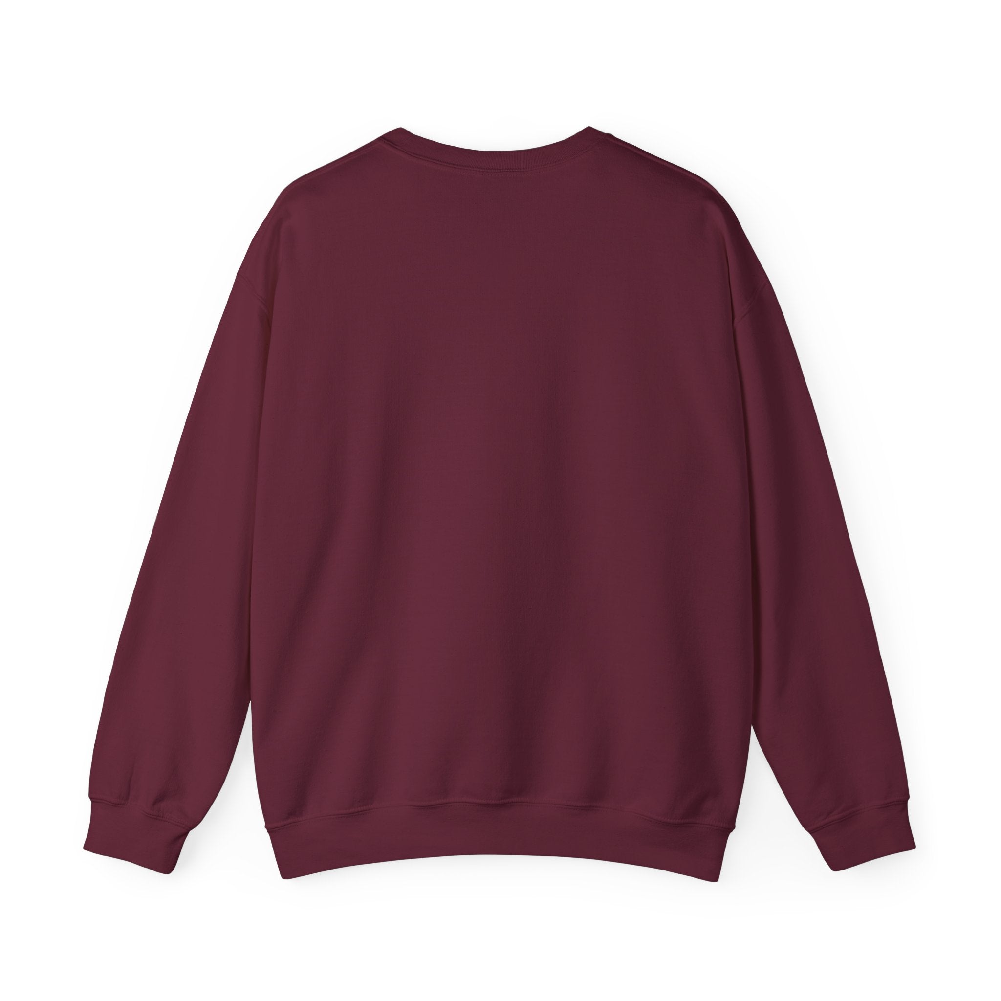 Maroon crewneck sweatshirt, back view with long sleeves and ribbed hem and cuffs