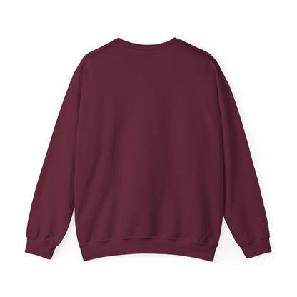 Maroon crewneck sweatshirt, back view with long sleeves and ribbed hem and cuffs