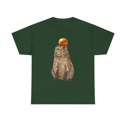 Unisex heavy cotton t-shirt in dark green with capybara and orange hat graphic on front