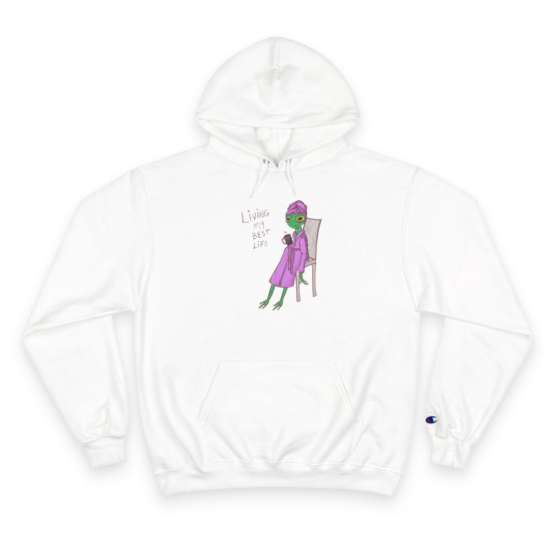 Unisex white hoodie with front pocket, drawstring hood, and colorful character graphic