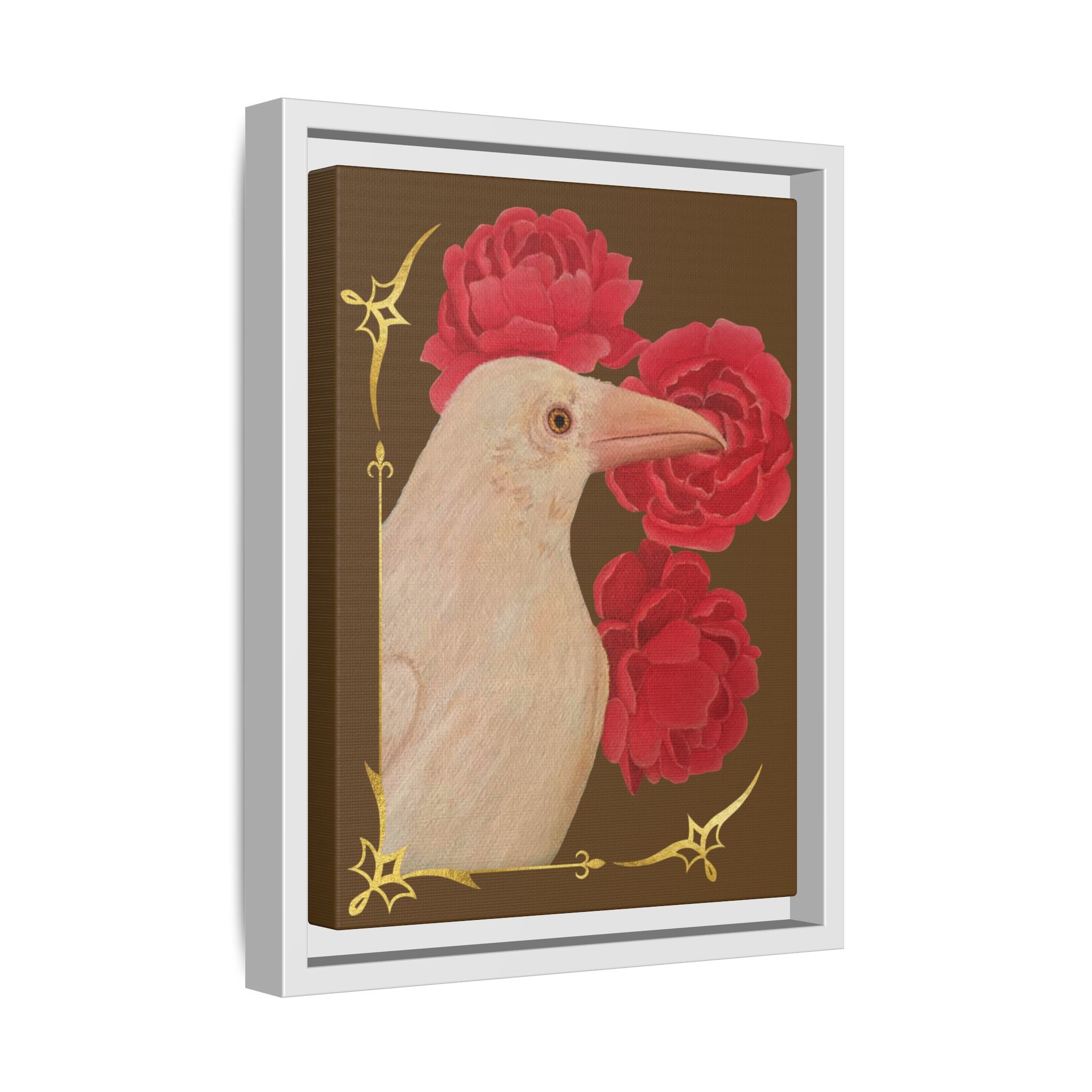 Framed matte canvas wall art featuring a white bird with red peonies, light gray frame