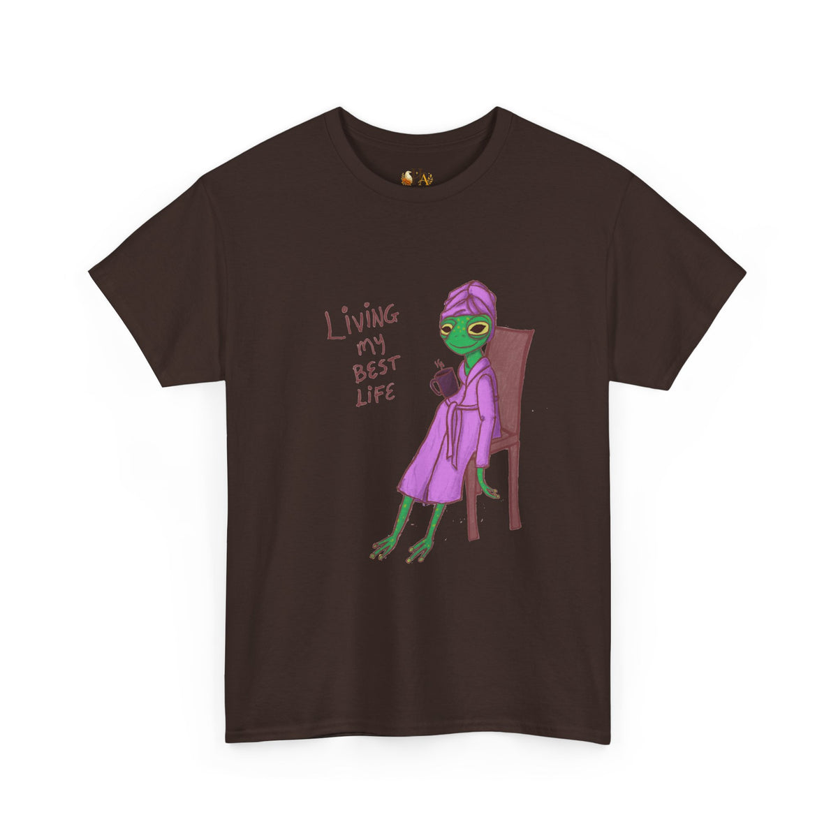 Dark chocolate brown graphic t-shirt with purple alien-girl character and &