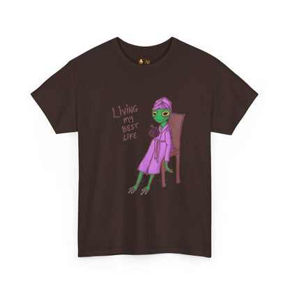 Dark chocolate brown graphic t-shirt with purple alien-girl character and &