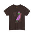 Dark chocolate brown graphic t-shirt with purple alien-girl character and &