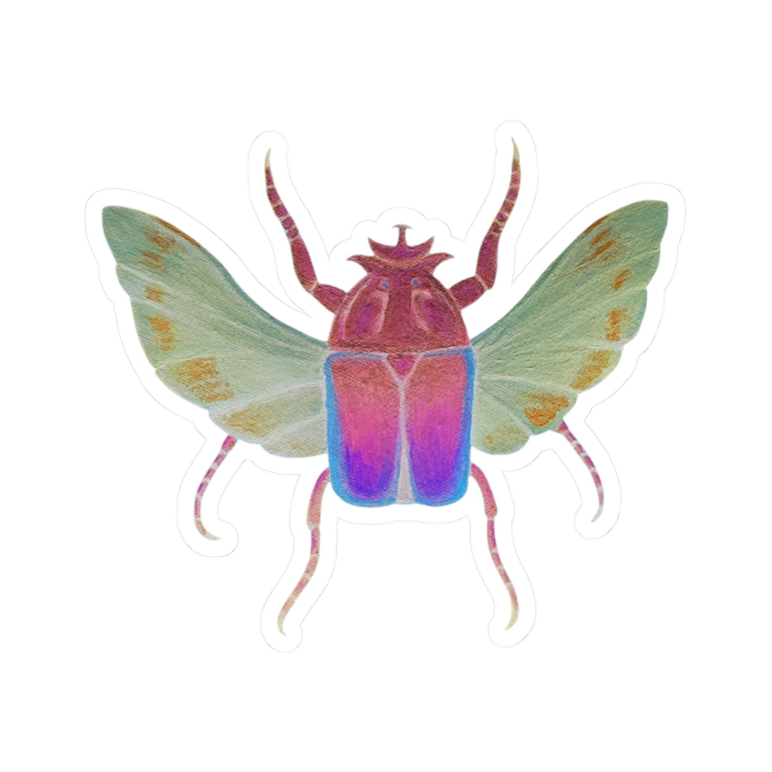 Iridescent beetle kiss-cut sticker, centered with rainbow wings, legs, and white border
