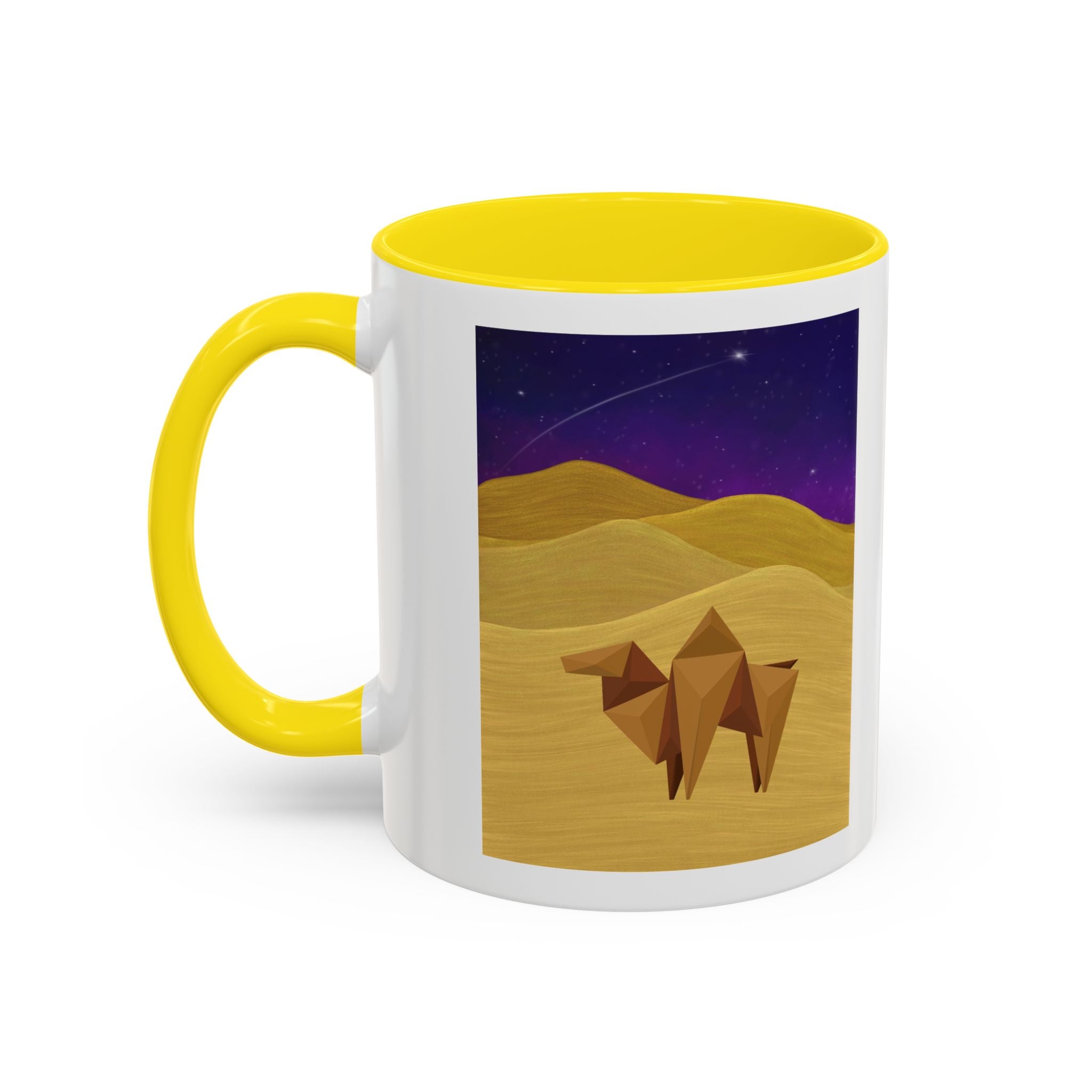 Coffee mug with yellow handle and rim, white body, origami camel desert night sky scene