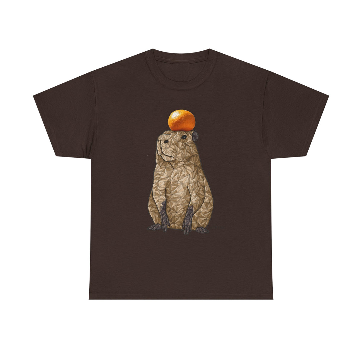 Dark brown unisex T-shirt with capybara holding an orange graphic on front